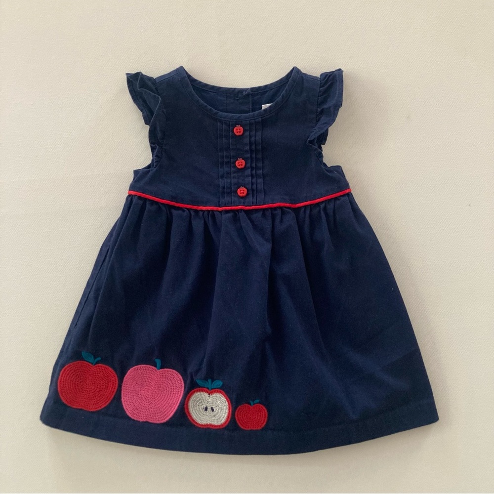 Gymboree Baby Girl 3-6 Months Apples Embroidered Navy Blue Corduroy Dress